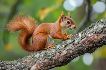 Obraz premium A curious squirrel explores a mossy branch in a vibrant forest during autumn
