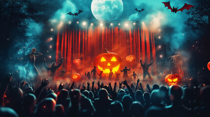 Halloween background, concert stage, pumpkin, Illustration