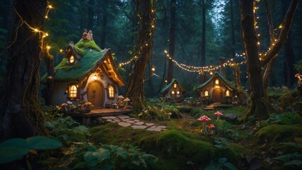 Fototapeta premium Whimsical Fairy Cottages with Glowing Lights in Enchanted Forest