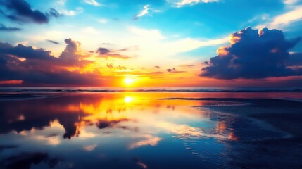 Fototapeta premium Sunset over the reflective mirror lake beautiful clouds colorful sky