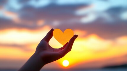 Hand holding red paper love with sunset background