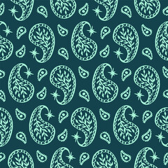 Seamless pattern with monochrome paisley motifs. Teal boho background. Indian traditional design.