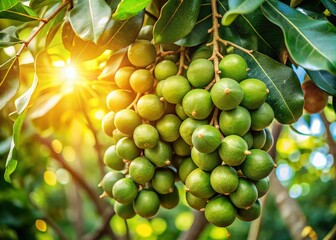 Stunning Architectural Photography of Macadamia Nut Trees with Raw Nuts Hanging on Lush Green Plants in Tropical
