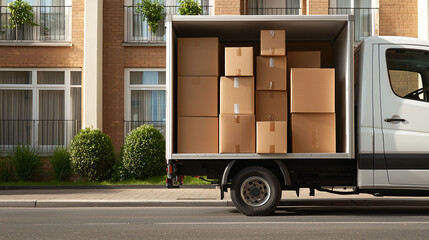 Moving truck parked in front of apartment building, loaded with boxes