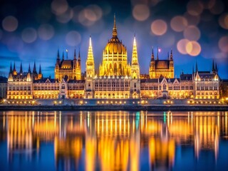 Fototapeta premium Stunning Bokeh Effect of Budapest Parliament at Night – Captivating Cityscape Photography for Travel Enthusiasts