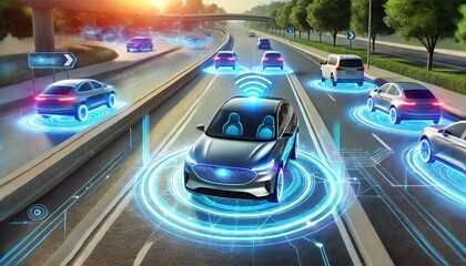 Obraz premium A futuristic illustration of an autonomous car driving on a highway
