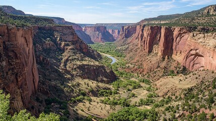 A scenic view of a canyon with a river winding through it, surrounded by lush greenery and towering cliffs.