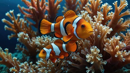 Two clownfish swimming among coral branches in a vibrant underwater scene.