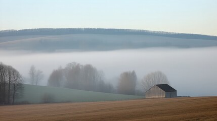 A solitary barn stands on a misty field, with rolling hills in the background.