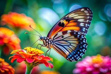 Fototapeta premium Stunning Close-Up of a Butterfly on a Vibrant Flower in Long Exposure, Capturing Nature's Beauty and Detail for