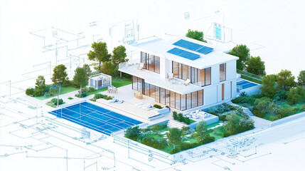 A detailed blueprint of a smart home design, showcasing energy-efficient systems and layouts