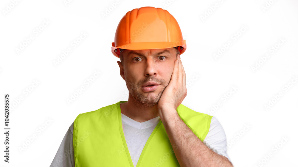 Poster Shocked Builder Man Touching Face In Shock Having Problems At Construction Building Looking At Camera Posing Over White Studio Background. Build Service Issues. Panorama