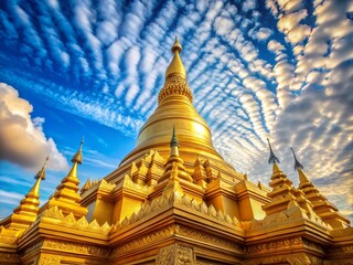 Fototapeta premium Stunning Drone Photography of a Golden Pagoda Under a Clear Blue Sky with Serene Cirrus Clouds