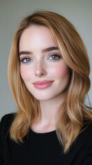 Fototapeta premium A radiant young woman with golden hair and striking blue eyes showcases a warm smile indoors