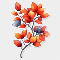 Vibrant autumnal leaves in shades of red and orange, depicted in a stylized botanical illustration.