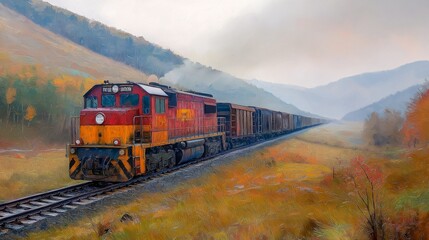 Obraz premium A Train's Journey Through Misty Horizons