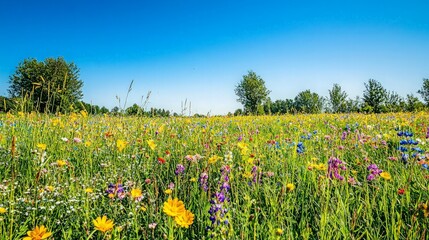 Obraz premium A vibrant wildflower meadow with a blue sky.