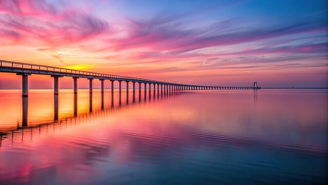 Pink sunset over calm sea with long thin bridge
