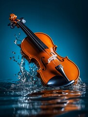 Fototapeta premium A wooden violin with a dark blue background, splashing into clear water.