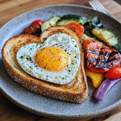 Crisp toast with a heart-shaped egg, served with a side of grilled vegetables, artfully arranged on a breakfast plate