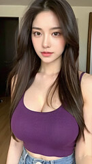 Fototapeta premium Close-Up Portrait of an Asian Woman with a Perfect Body, Beautiful Facial Features, Long Hair, Wearing a Tank Top and Jeans.