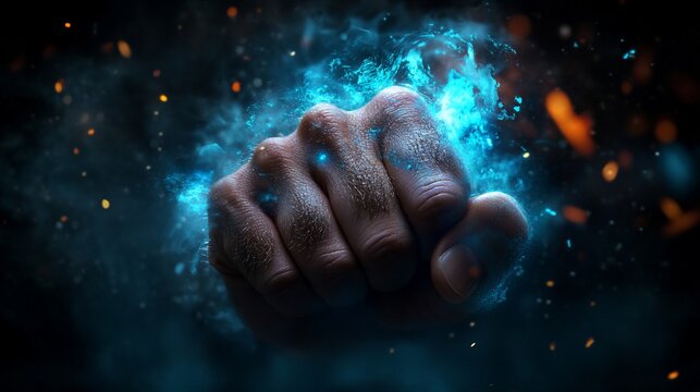 A clenched fist with blue fire burning around it.