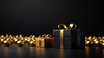 Free Photo Black Friday sale is a gold gift box and ballon with a black background	