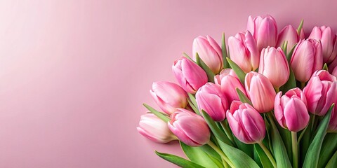 Fototapeta premium Pink tulip bouquet on pastel pink background with shallow depth of field