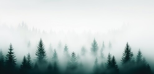 Fototapeta premium Misty forest landscape with evergreen trees in dense fog