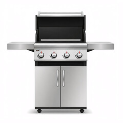 stainless steel gas grill with four burners on a white background