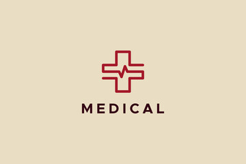 Obraz premium Healthcare Medical Logo. Red Geometric Linear Cross Sign Health Icon Combined With Pulse Isolated On Bright Background. Flat Vector Logo Design Template Element.