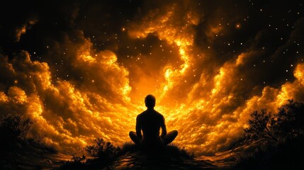 Obraz premium Silhouette of a Person Meditating Under a Fiery, Starry Sky Surrounded by Glowing Clouds