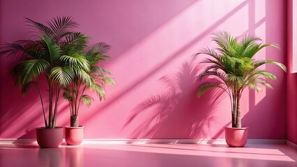 Pink wall with palm trees in pink pot studio background
