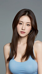 Close-Up Portrait of an Asian Woman with a Perfect Body, Beautiful Facial Features, Long Hair, Wearing a Tank Top and Jeans.