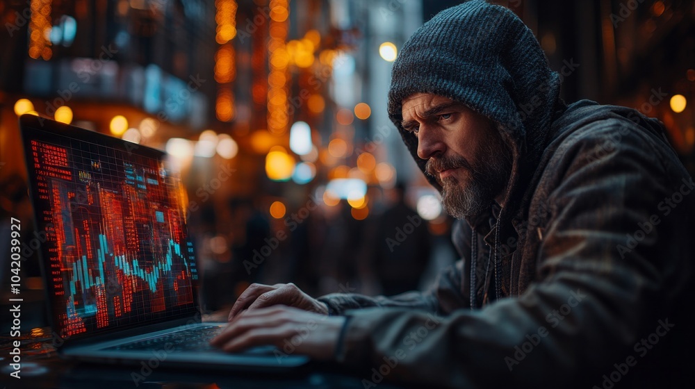 Poster A man is sitting at a table with a laptop open, typing on the keyboard