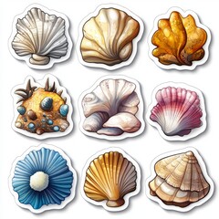 Obraz premium A vibrant collection of colorful seashell stickers, featuring various shapes and textures, perfect for ocean enthusiasts.