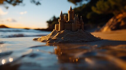 Fototapeta premium Detailed sandcastle built on a beach at sunset, with the ocean waves gently lapping at its base.