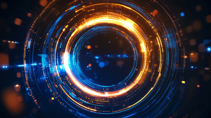 Creative blue and golden tech circle on dark abstract background. Big data, ai and futuristic digital technology concept.