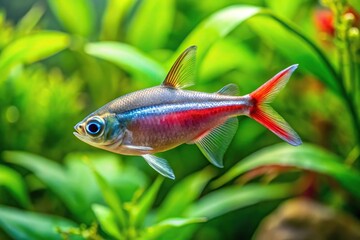 Fototapeta premium Reflected freshwater aquarium with cardinal tetra fish