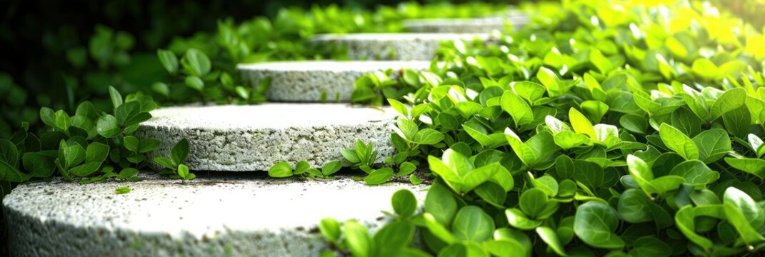 A serene garden pathway surrounded by vibrant greenery in the morning light - Powered by Adobe