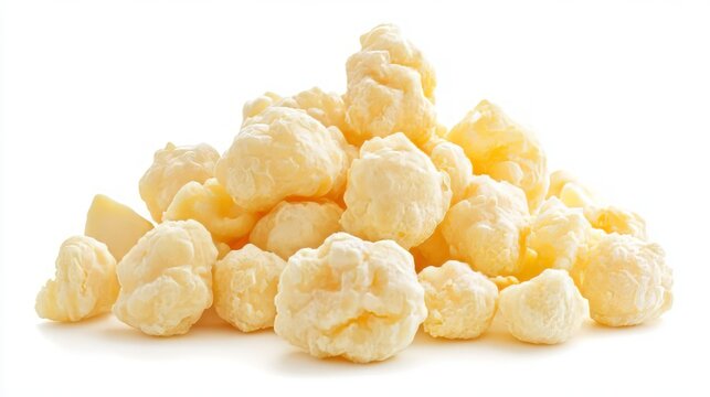 Isolated cheese curds on a white background showcasing their texture