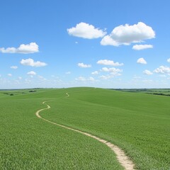 Obraz premium Gentle winding path through lush green fields under a bright blue sky on a sunny day