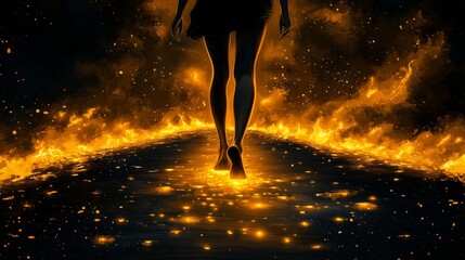 Silhouette of a Woman Walking on a Fiery Pathway Surrounded by Glowing Sparks