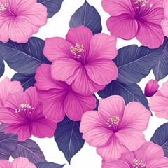 Obraz premium Vibrant pink hibiscus flowers with dark green leaves creating a lush floral pattern.