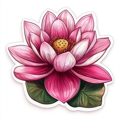 Obraz premium A stunning pink lotus flower adorned with vibrant petals and lush green leaves, symbolizing beauty and tranquility.