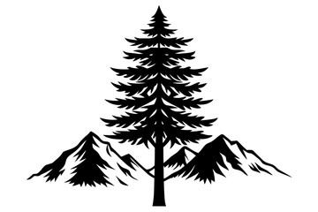 A tall cedar tree with a mountain range in the background