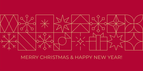 Gold line Christmas greeting card. Geometric Merry Christmas Happy New Year red banner with golden linear festive icons.
