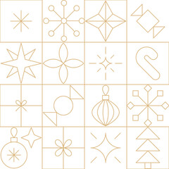 Gold line Christmas seamless pattern. Geometric icons gold and white Christmas, New Year holidays patchwork background.