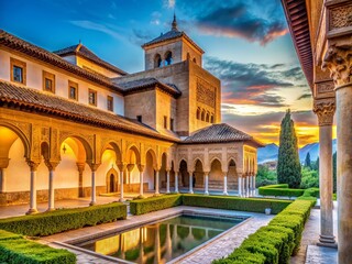 Fototapeta premium Stunning Portrait of Alhambra Palace's Intricate Pillars and Roof in Granada, Capturing Architectural Beauty and