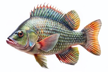 Fototapeta premium Stunning Portrait of Freshwater Tilapia Fish Showcasing Intricate Scale Patterns and Fins Isolated on White Background